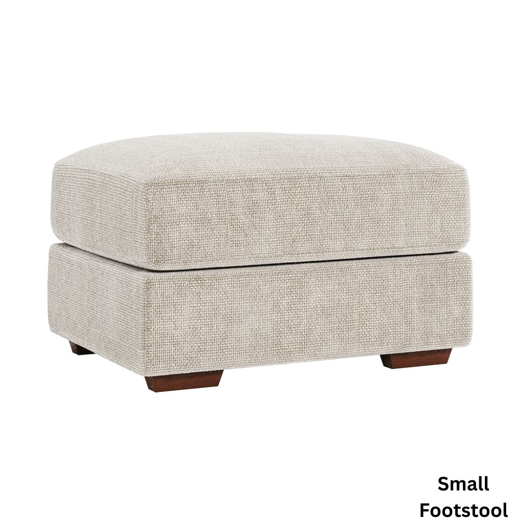 Small footstool with beige fabric and wooden legs