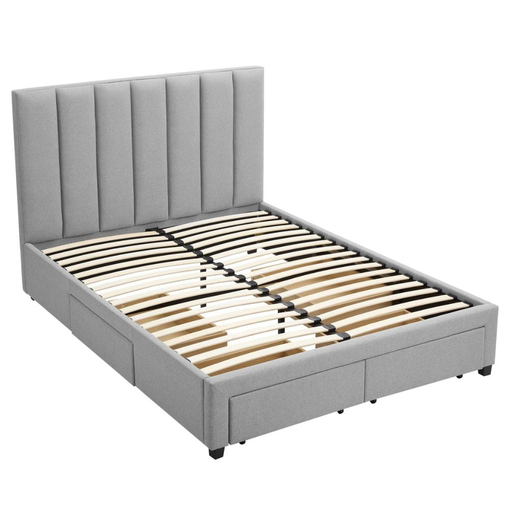Grey upholstered bed frame with wooden slats on a white background