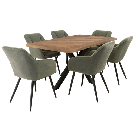 Hugli 1.6m Dining Table + 6 Green Chairs