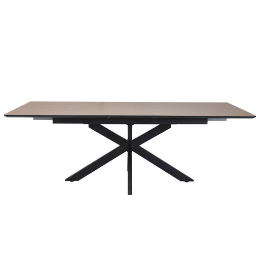 Rectangular table with a wooden top and black metal legs on a white background