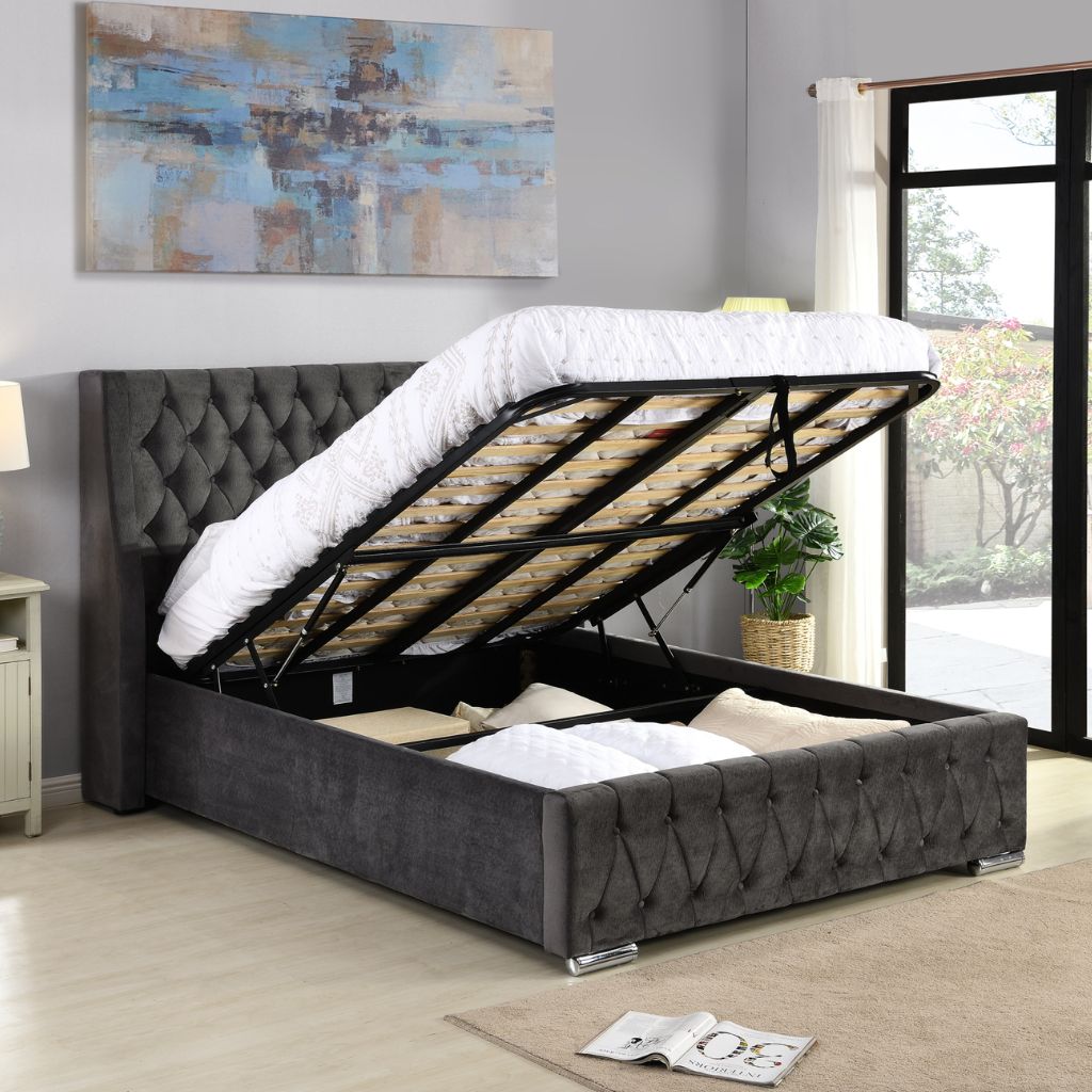 Jersey Grey Gas Lift Bedframe Open