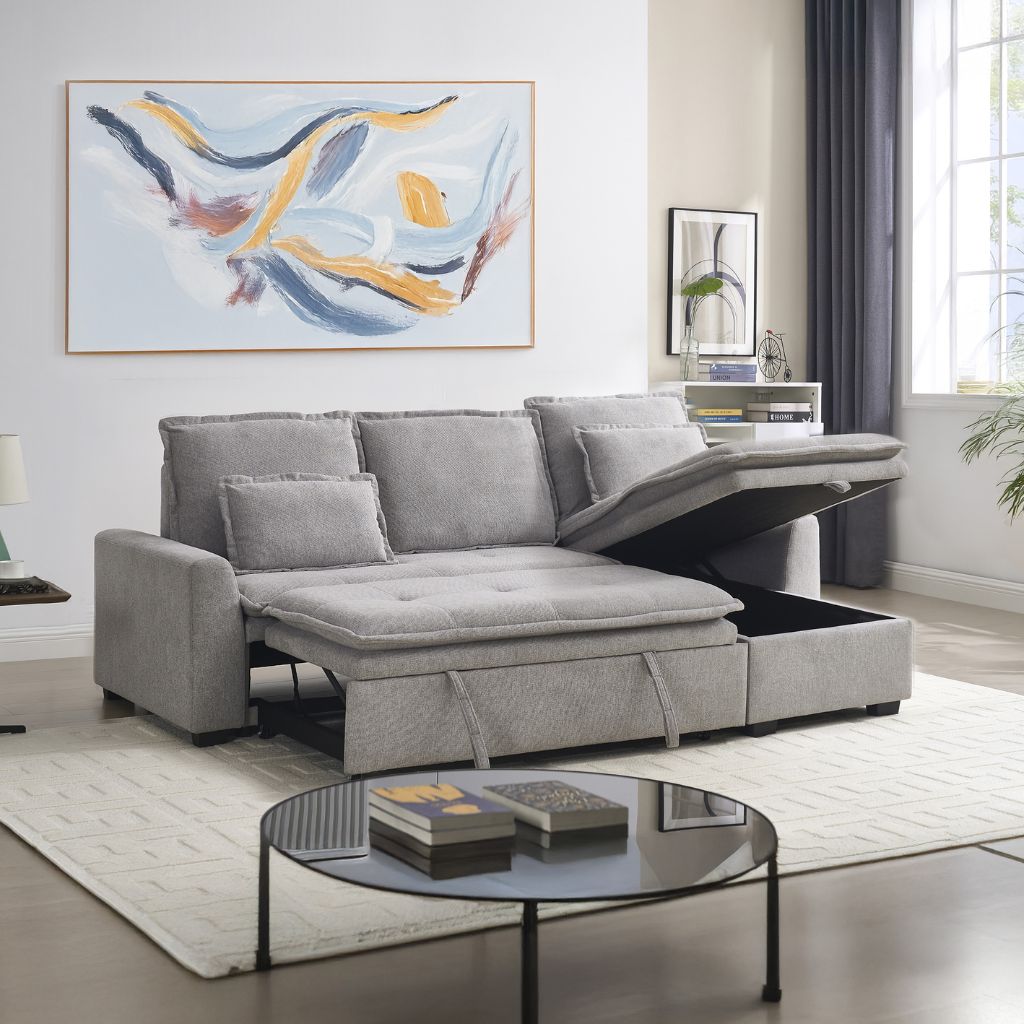Grey sofabed with storage