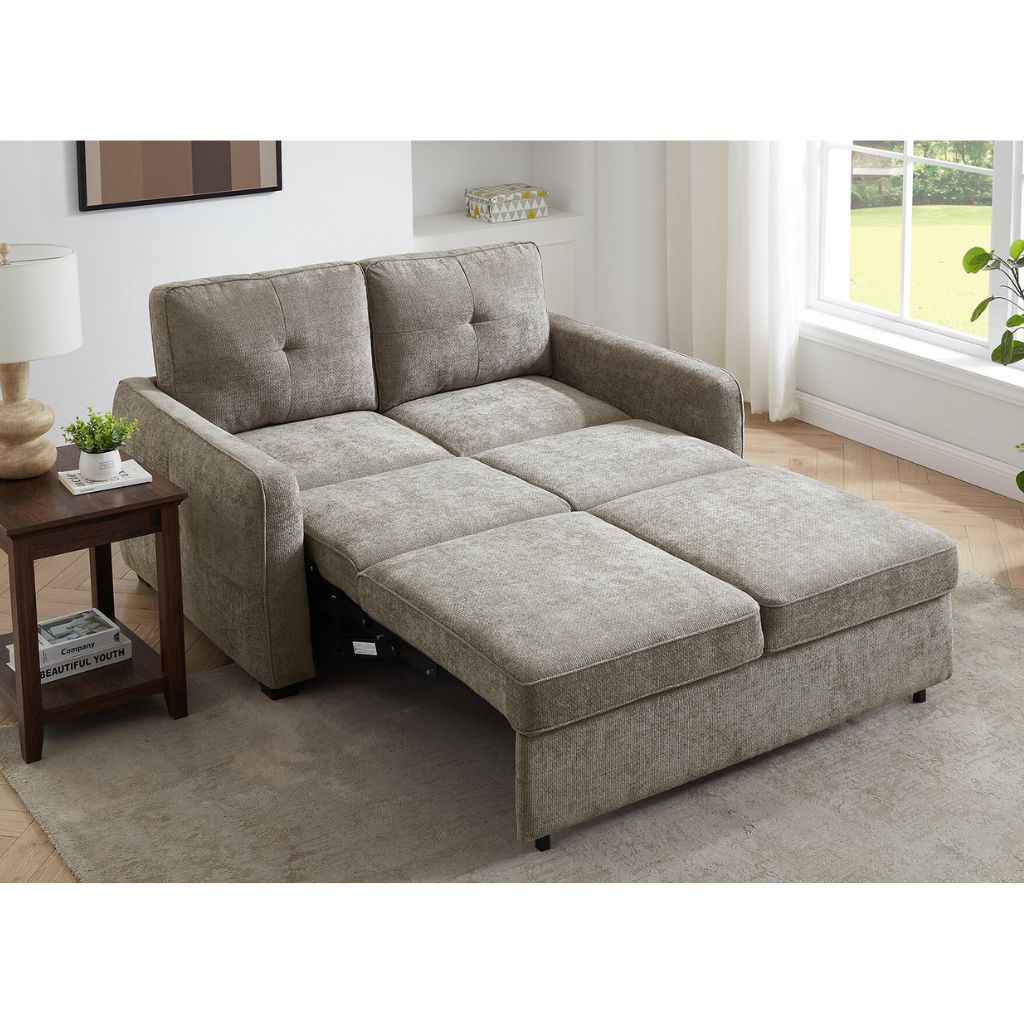 Beige sofa bed in a beautiful chenille fabric perfect for any home.