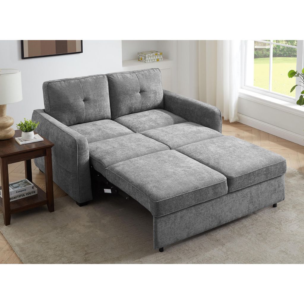 A grey chenille fabric sofa bed with easy pull forward conversion.