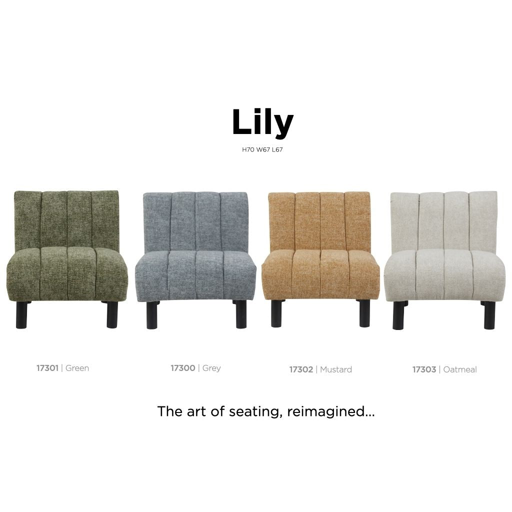 All four available colours of the elegant lily accent chair with solid wood legs in black.