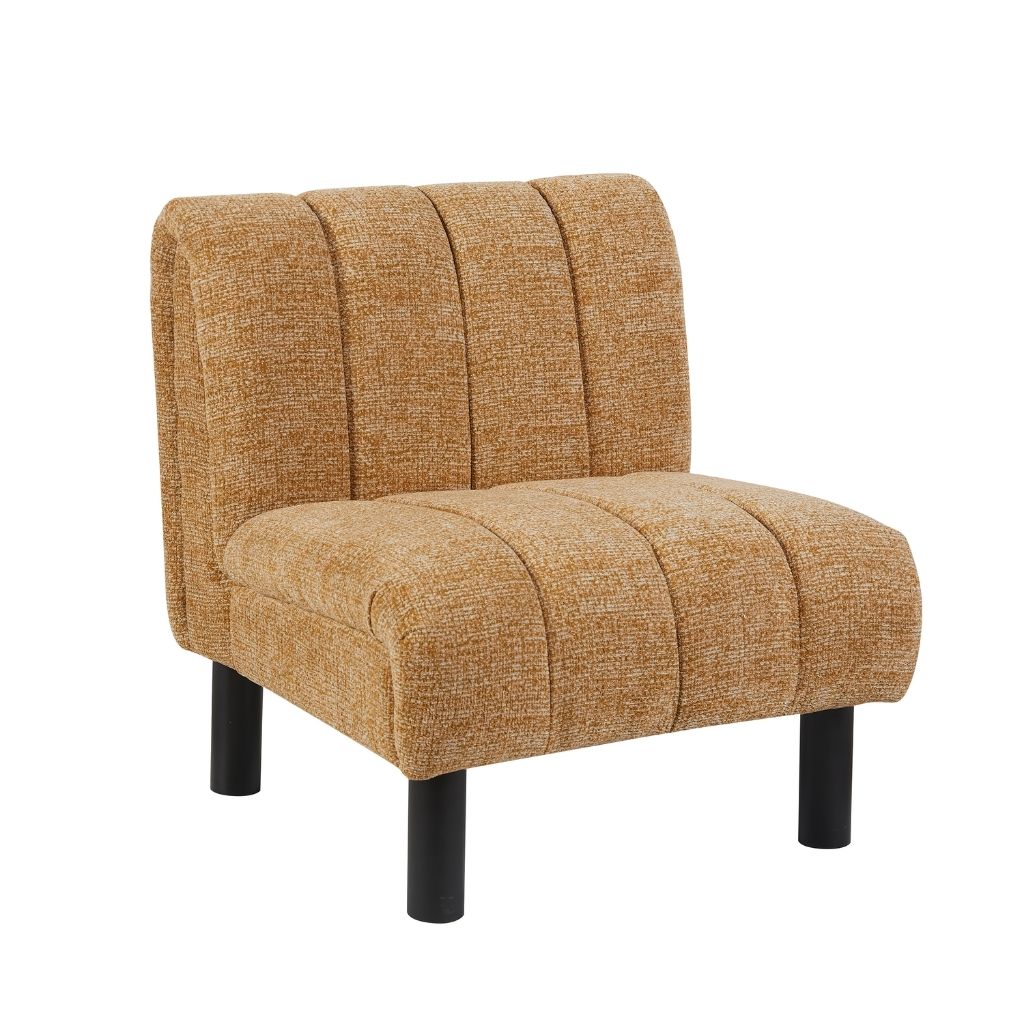 Mustard accent chair with sleek solid wood legs and deep channel stitching