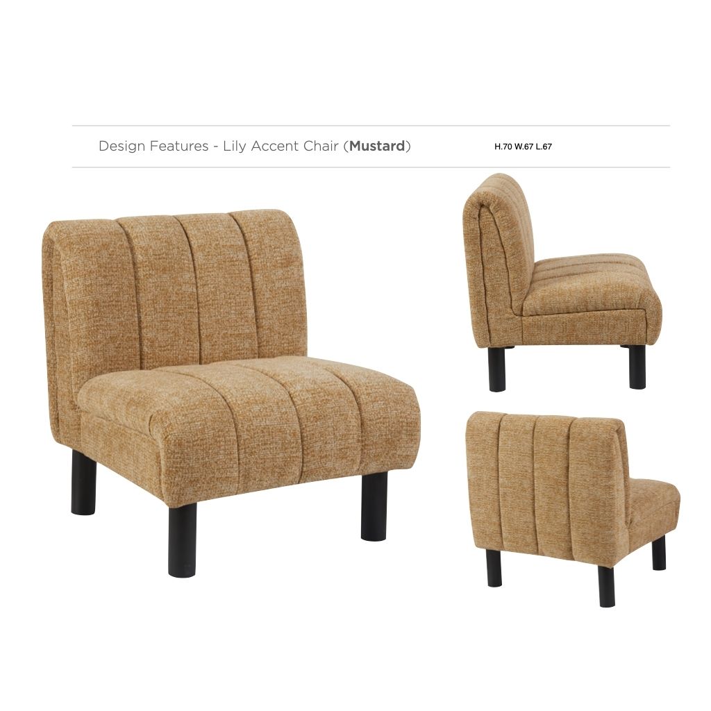 Three angles of the beautiful mustard accent chair with vertical stitching with dimensions 
H70 x W67 x L67