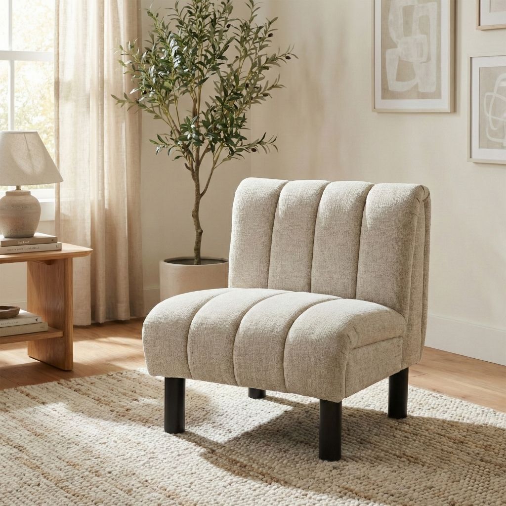accent chair with vertical stitching and solid black wooden legs 