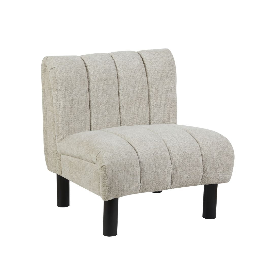 Oatmeal lily accent chair featuring stunning vertical channel stitching and solid black wooden legs 