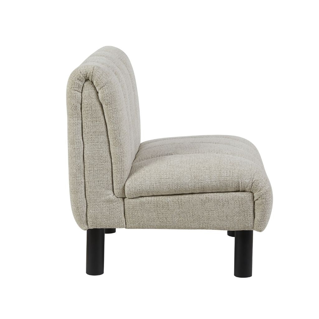 side view of the contemporary upholstered accent chair in colour oatmeal with black wooden legs