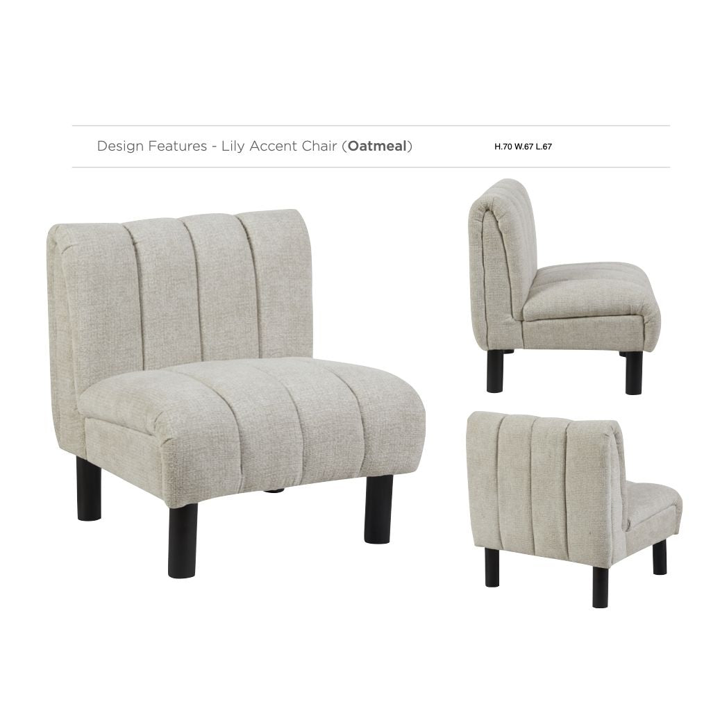3 angles of the beautiful lily accent chair in shade oatmeal with dimensions
H70 x W67 x L67 