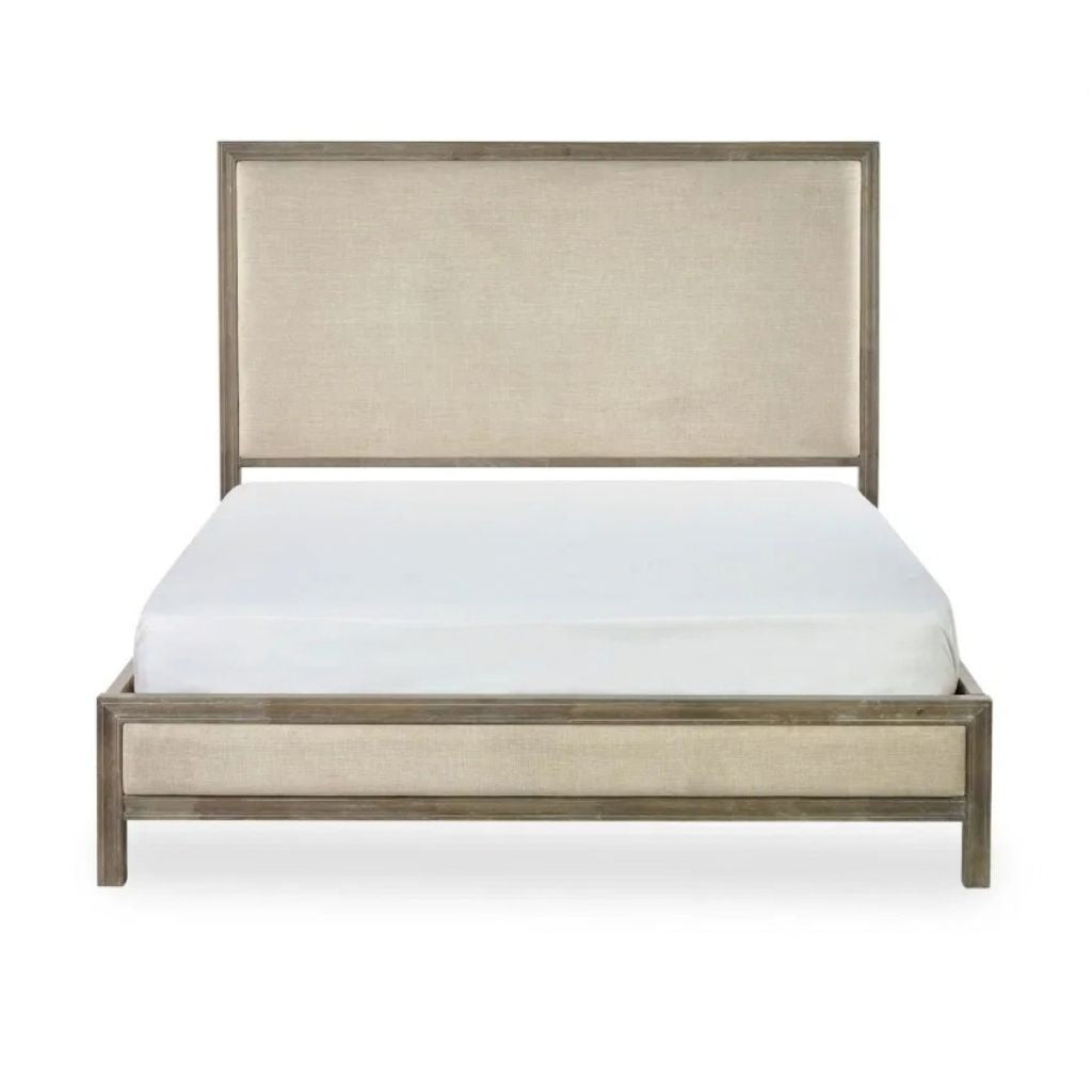 A modern platform bed with a tall upholstered headboard and matching upholstered footboard, featuring a grey-brown wood frame