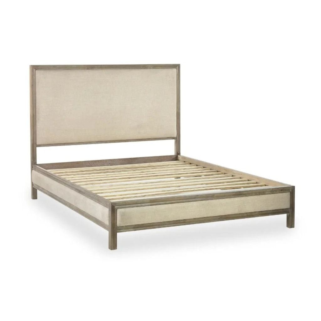 A modern platform bed frame with a tall rectangular upholstered headboard and footboard.