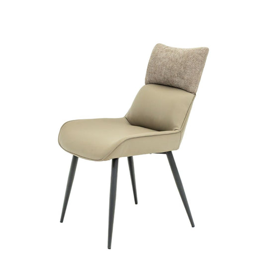 Modern dining chair with contrasting fabric on back rest with taupe Pu seat.