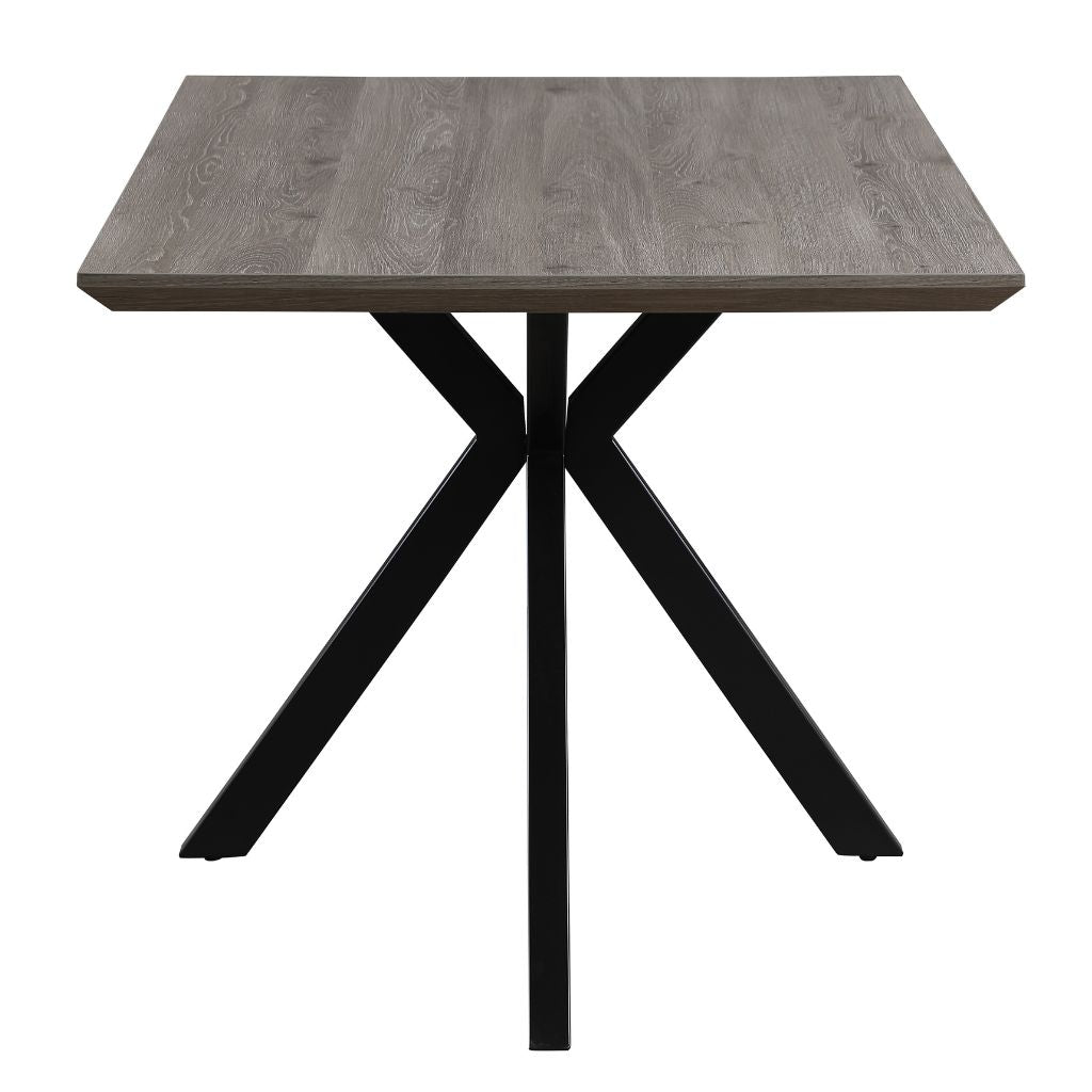 Square table with a gray wooden top and black metal legs on a white background