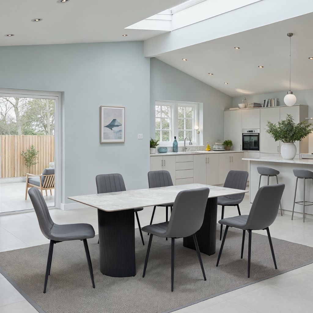 Modern kitchen and dining area with a marble table and grey chairs.