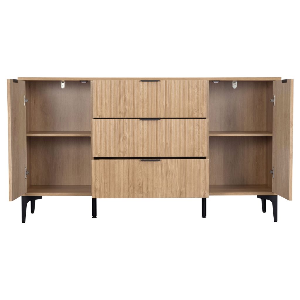 Wooden cabinet with open doors on a white background