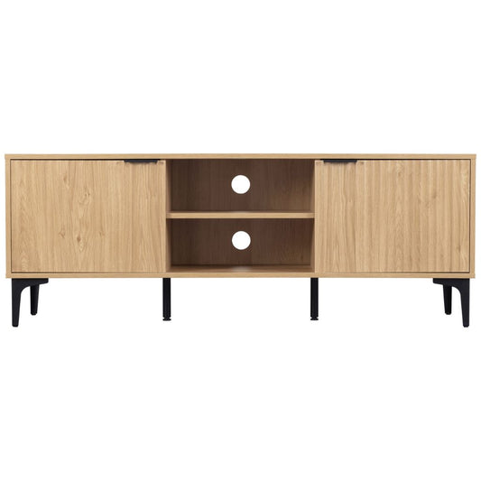 Wooden entertainment console with open shelf and closed doors on a white background