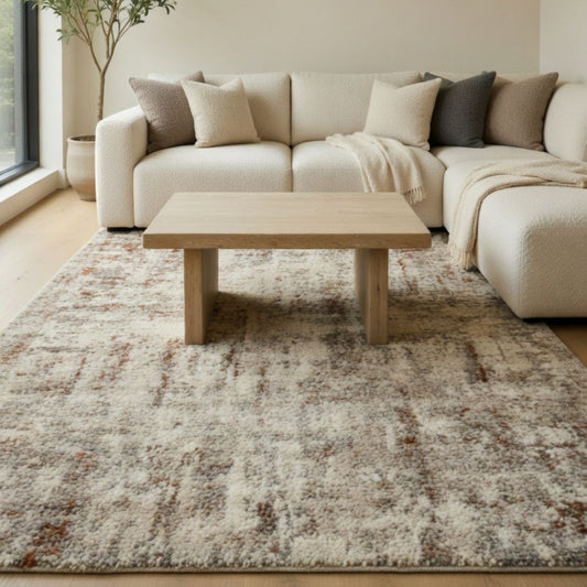 Cream patterned rug in living room.