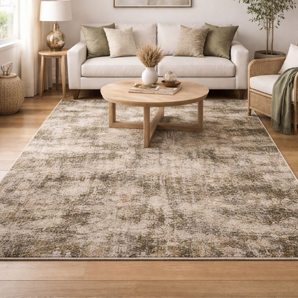 Green patterned rug in a room setting