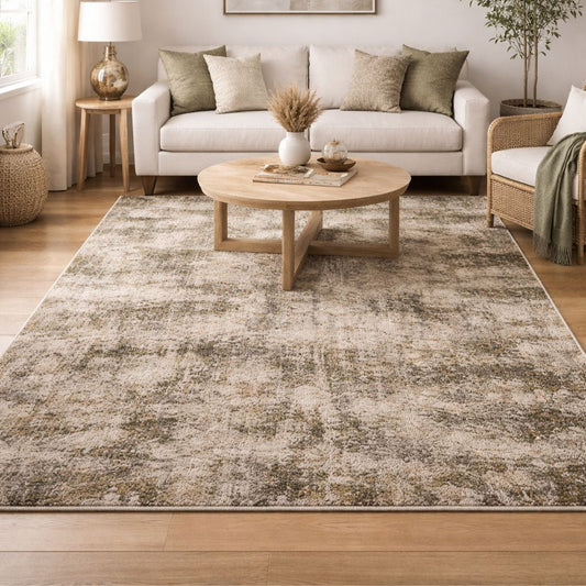 Green patterned rug in a room setting