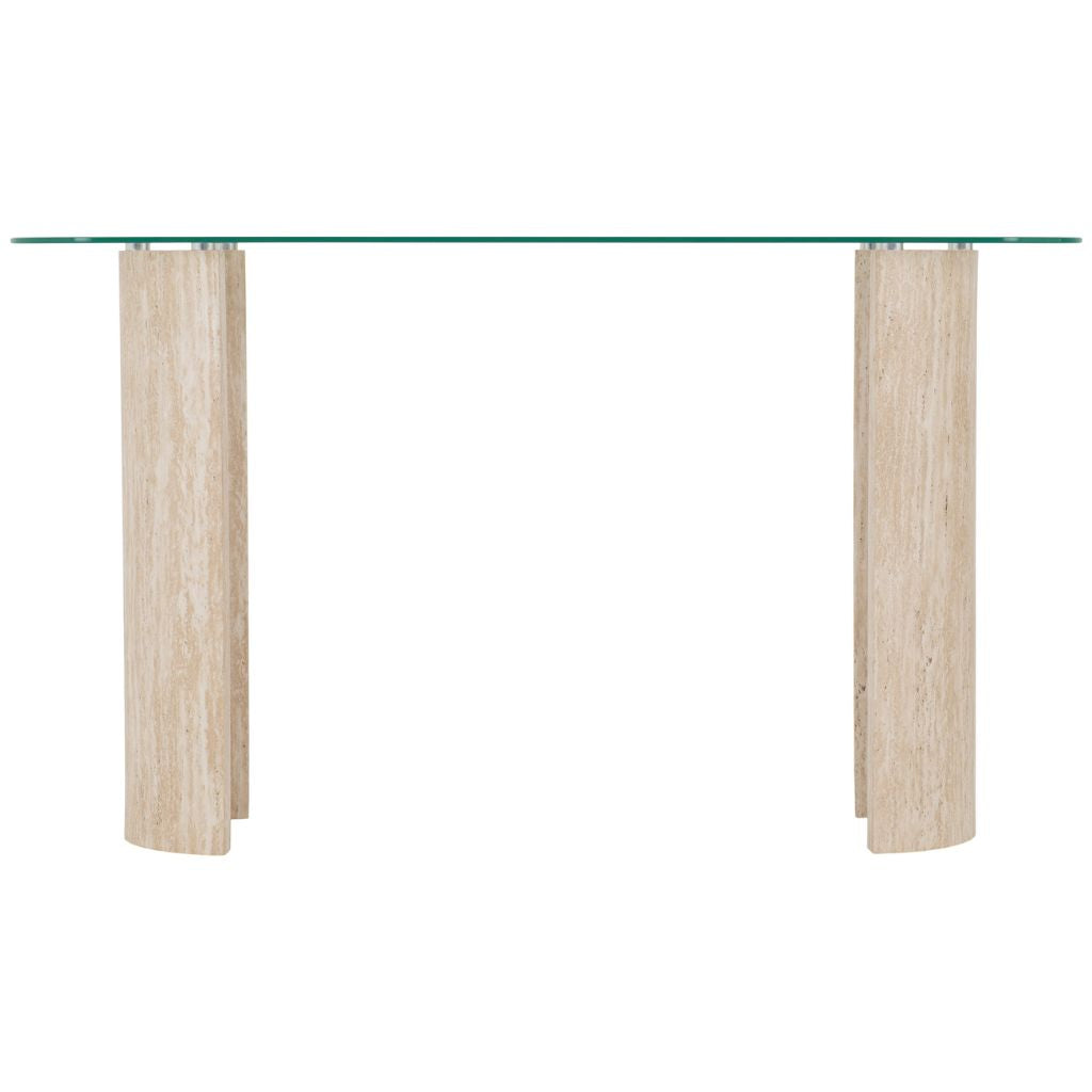 Glass top table with wooden legs on a white background
