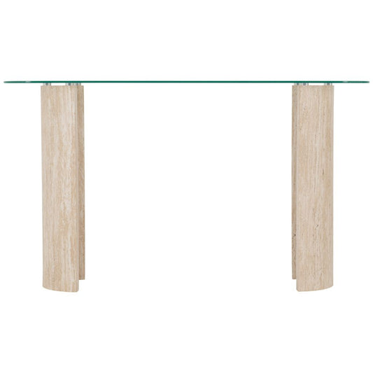 Glass top table with wooden legs on a white background