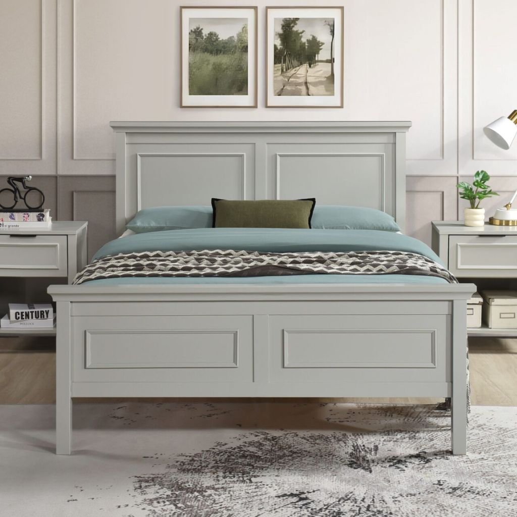 A stunning grey wooden bedframe with gorgeous panelling giving it a classic elegance.
