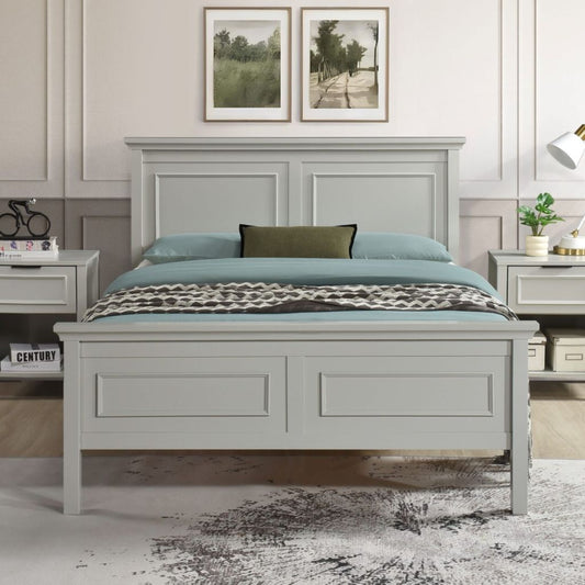 A stunning grey wooden bedframe with gorgeous panelling giving it a classic elegance.