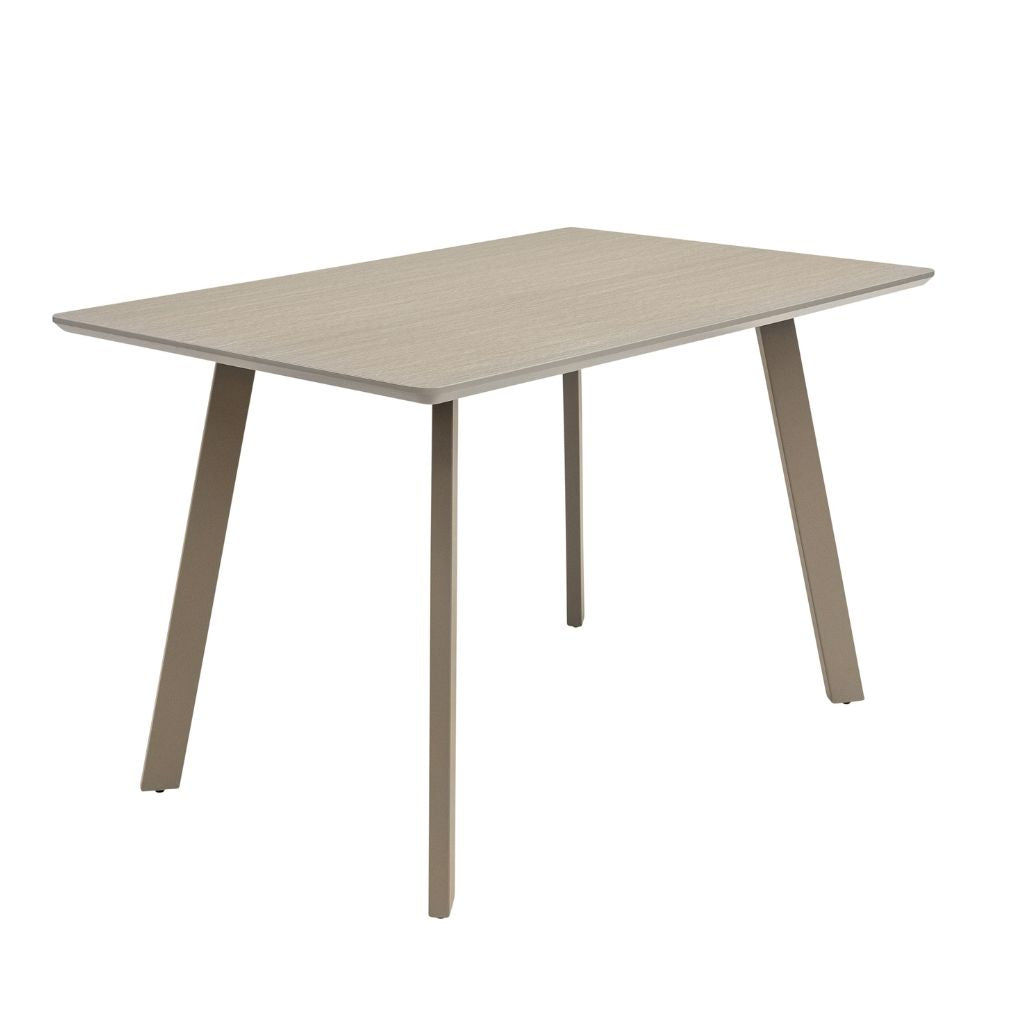 Light grey toned dining table with four legs on a white background