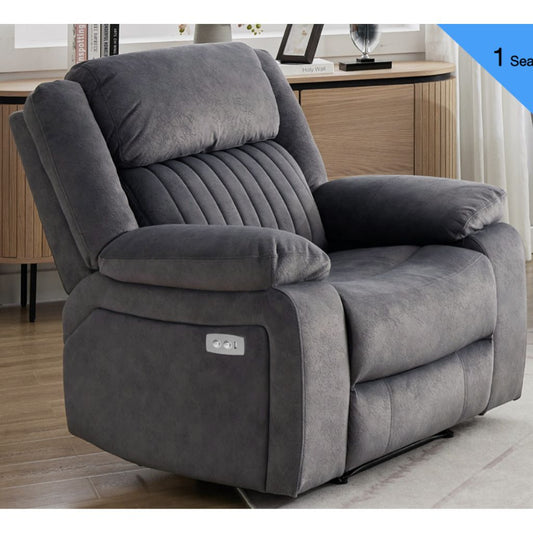 Gray recliner chair in a room with wooden furniture.