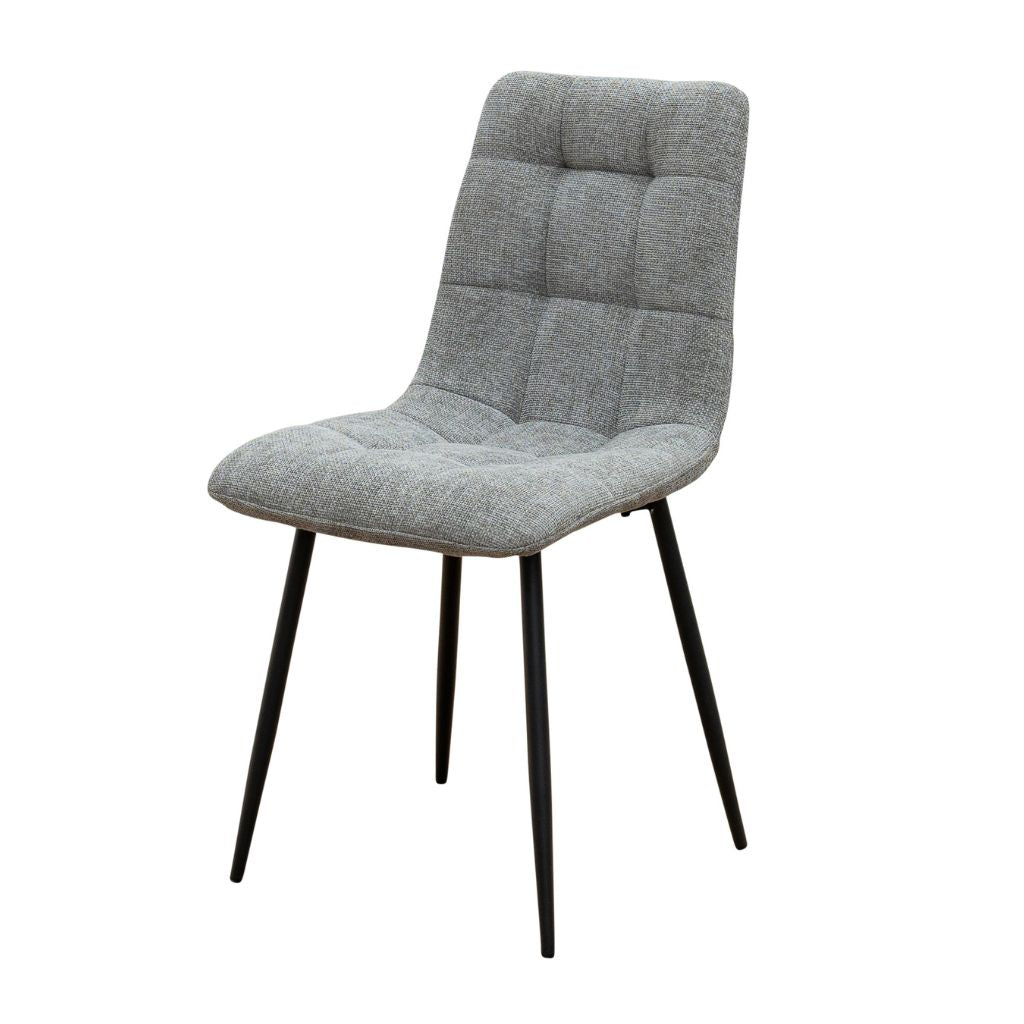 Grey upholstered chair with black legs on a white background
