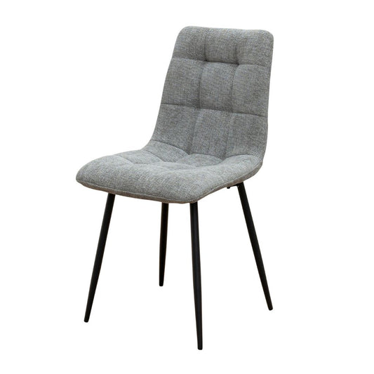 Grey upholstered chair with black legs on a white background