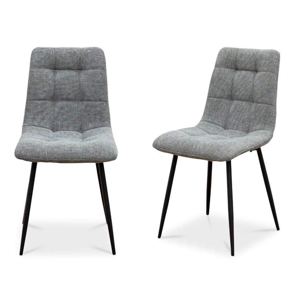 Two grey upholstered chairs with black legs on a white background