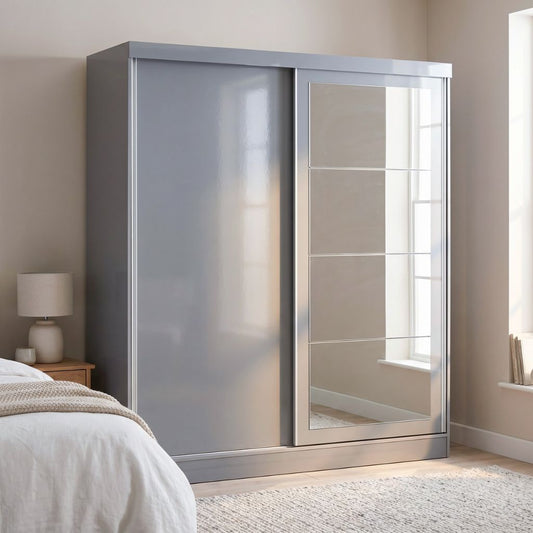 Grey gloss sliding wardrobe with 2 doors one gloss and another mirrored