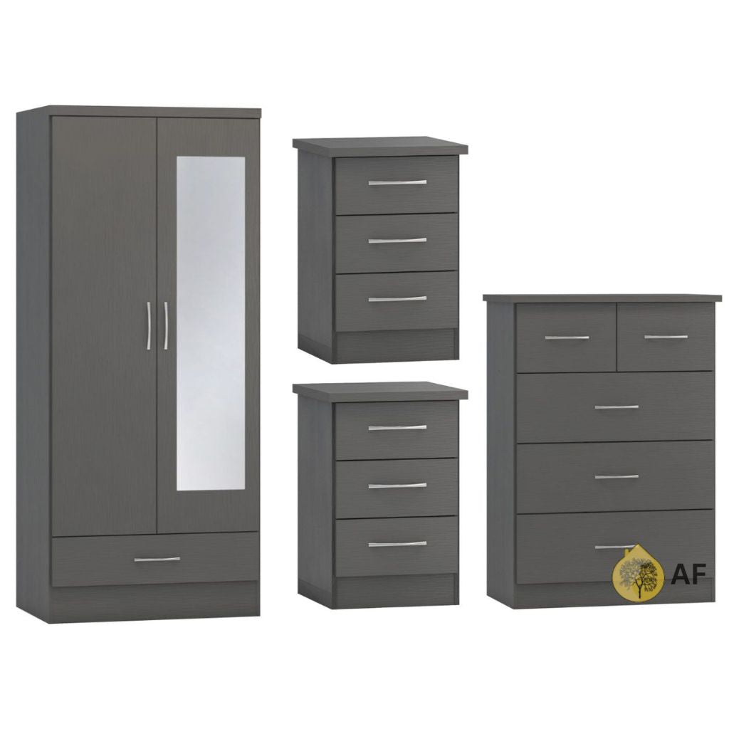 Nevada 3D Effect Grey 4 Piece Bedroom Furniture Set inc. Mirrored Robe