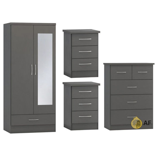 Nevada 3D Effect Grey 4 Piece Bedroom Furniture Set inc. Mirrored Robe
