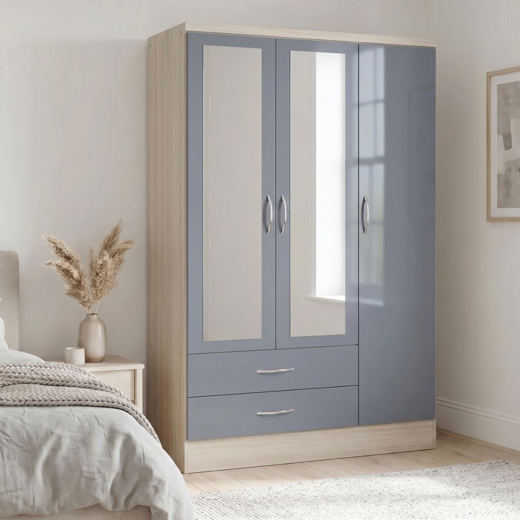 Grey gloss and oak effect 3 door 2 drawer wardrobe with 2 mirrored doors and silver handles