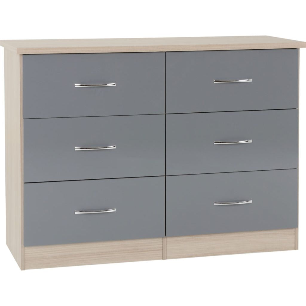 Nevada Grey Gloss and Light Oak Effect 6-Drawer Chest