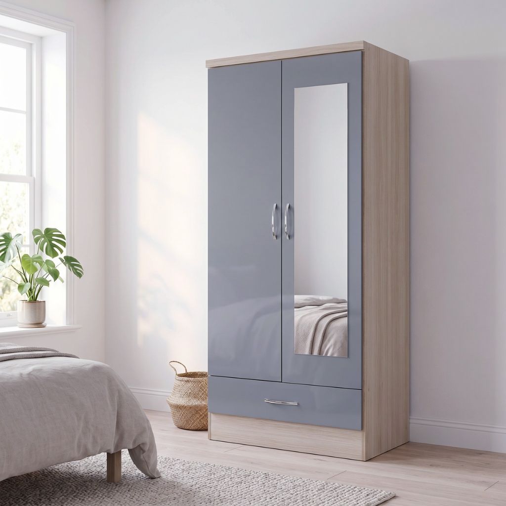 Grey gloss 2 door 1 drawer wardrobe with oak effect