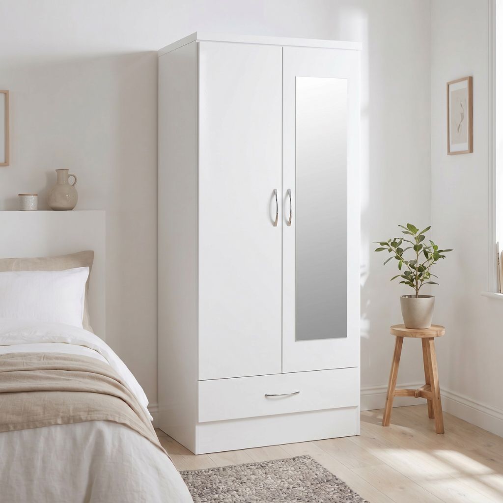 2 door 1 drawer wardrobe in white gloss with silver handles