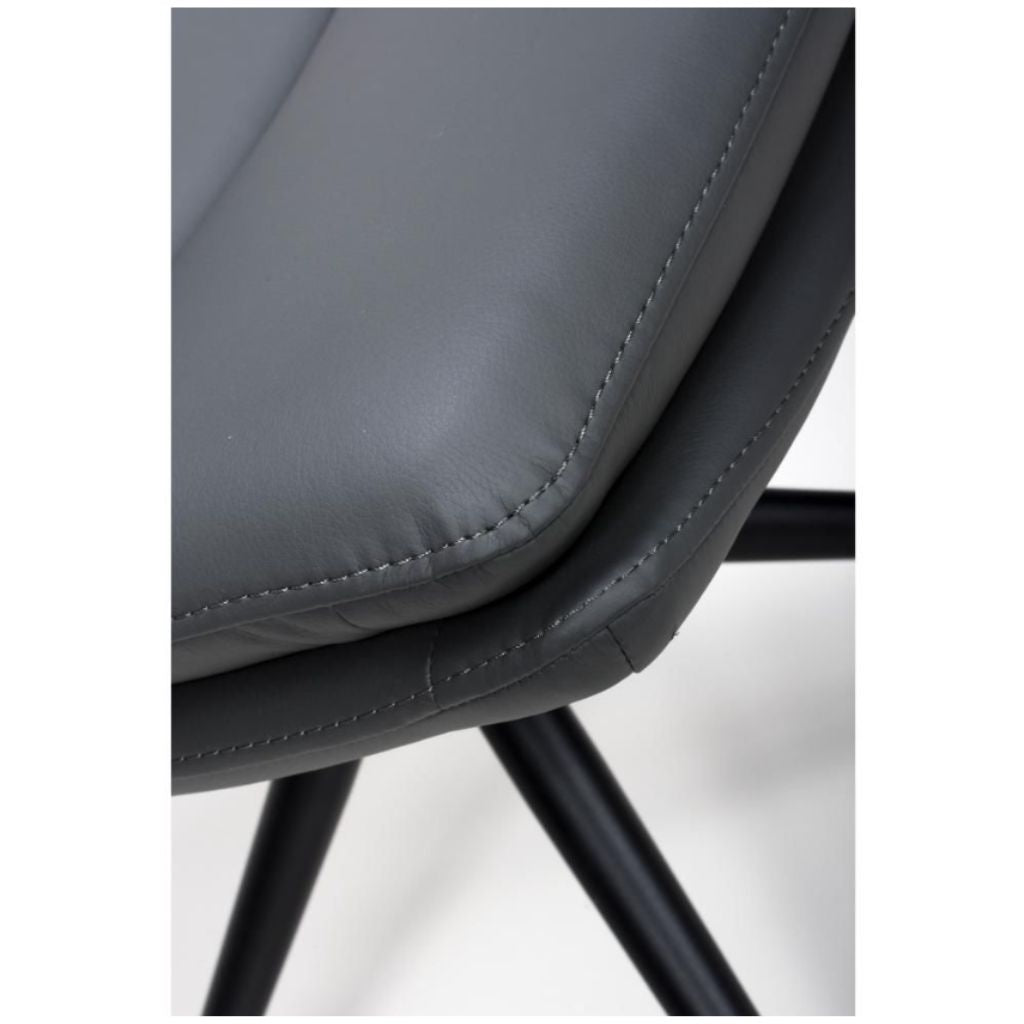 Close-up of a gray chair seat with black legs on a white background
