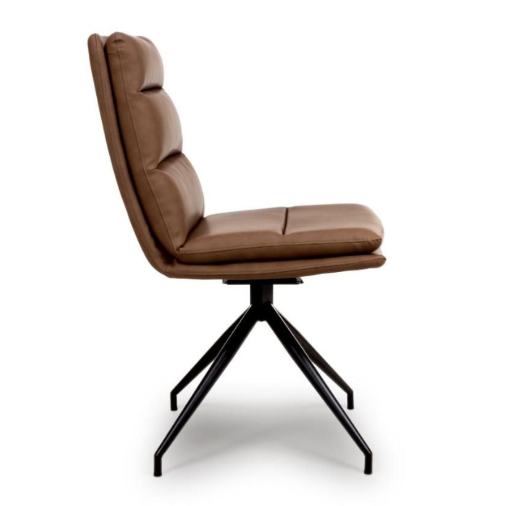Brown leather chair with black metal base on a white background