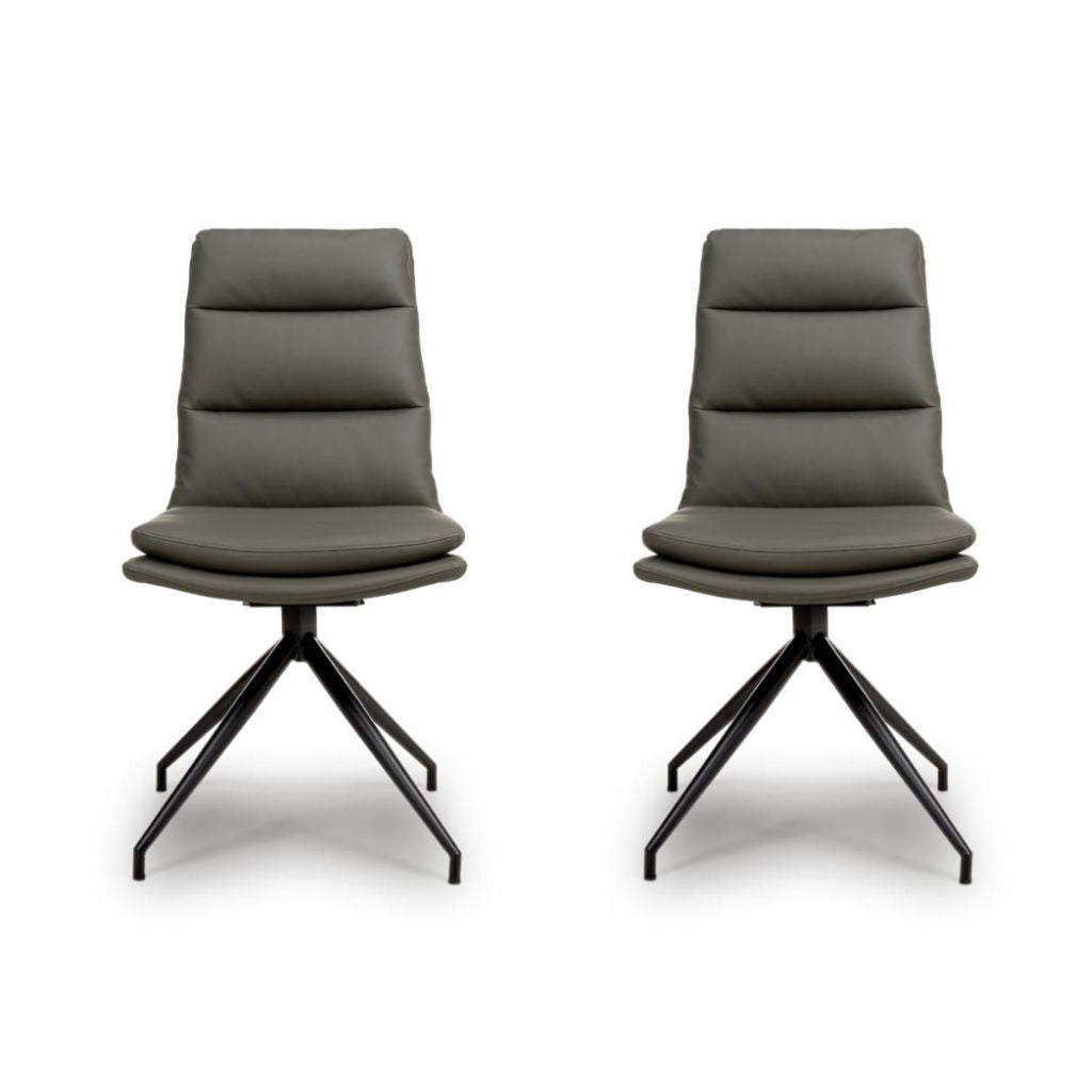 Two gray chairs with black metal legs on a white background