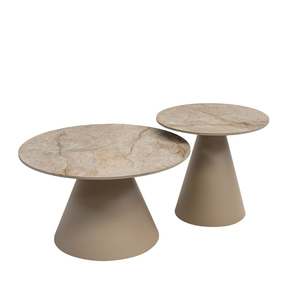 Two modern and stylish coffee tables with a taupe sintered stone top and a pedestal base.