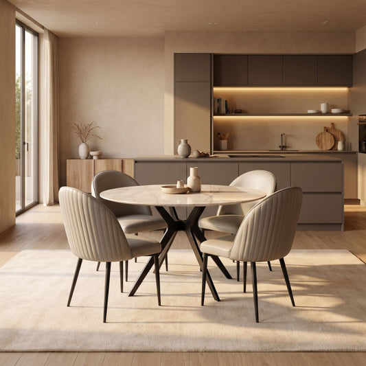Dining set including round taupe sintered stone dining table and 4 taupe PU seats.