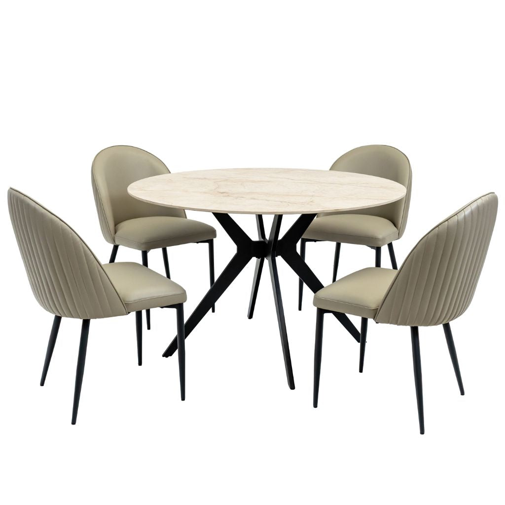 The Naples dining set features a beautiful sintered stone table and stunning Pu seats in a timeless taupe colour.