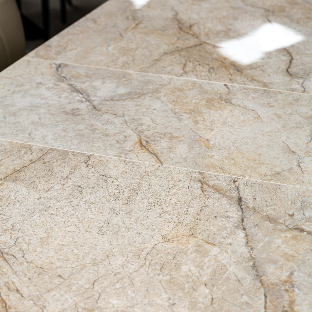 Close up of the stunning stone top with beautiful veining throughout