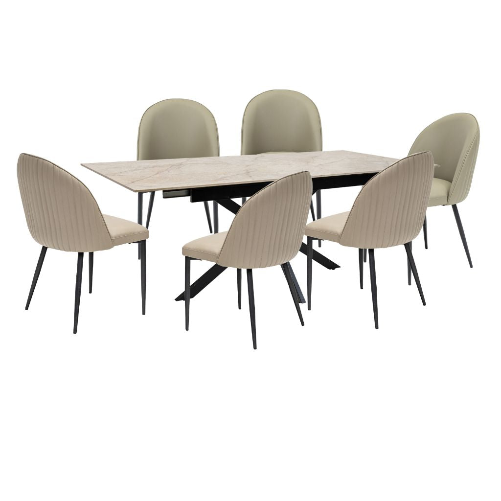 A dining set with a stunning extending sintered stone dining table in taupe and matching taupe PU chairs to complete this elegant set. 
