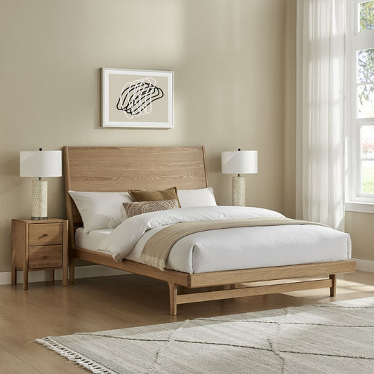Bedroom with wooden bed, nightstands, and lamps in a neutral color scheme.